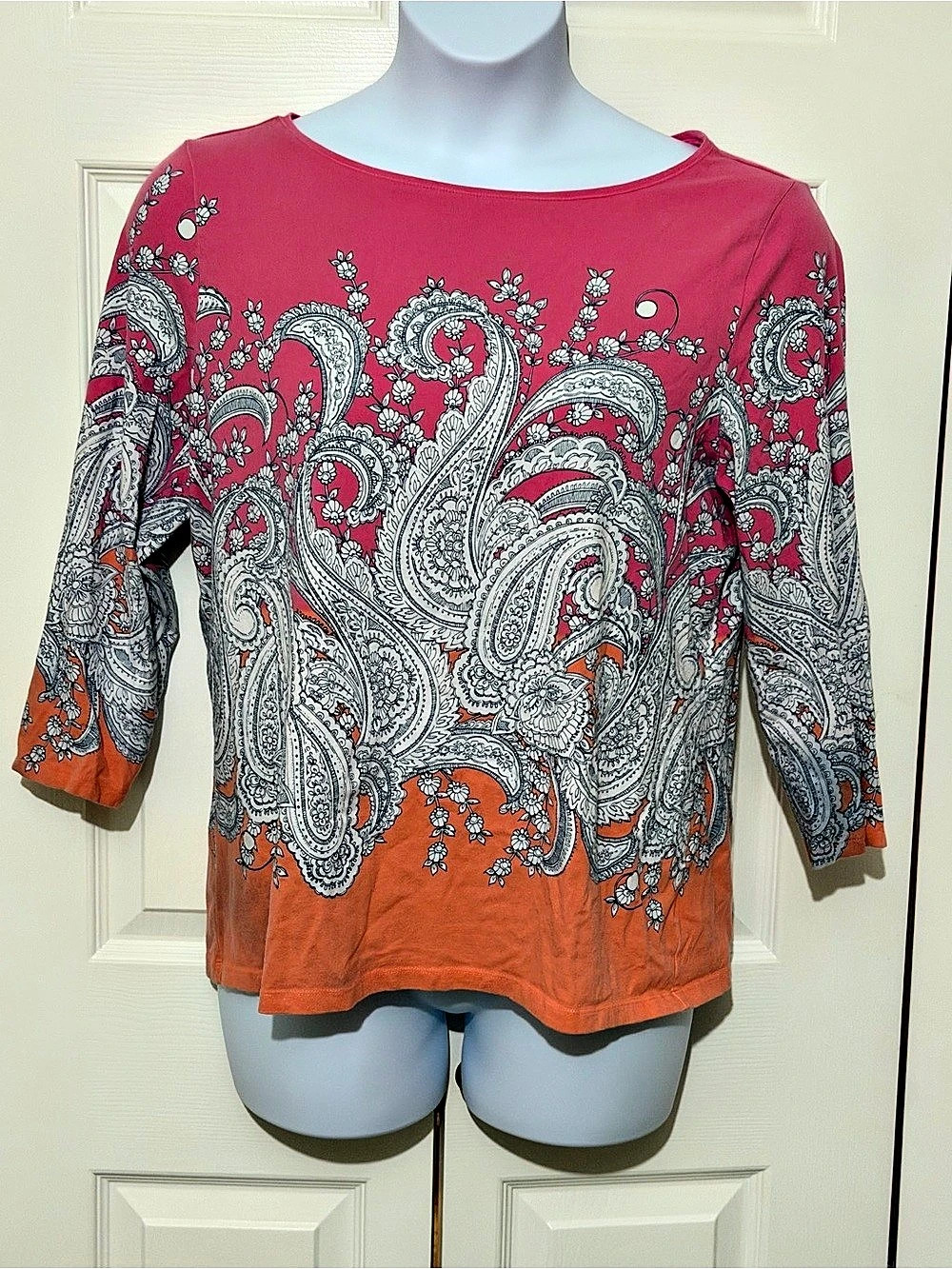 Talbots The Talbots Tee Paisley Print Boatneck Top Pink & Orange XL
